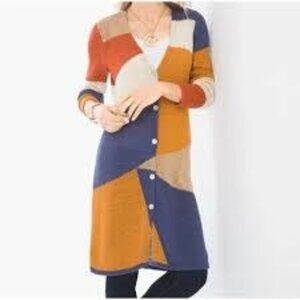 Chico's Women's Cardigan Sweater Button Front Duster Length Colorblock  Size L